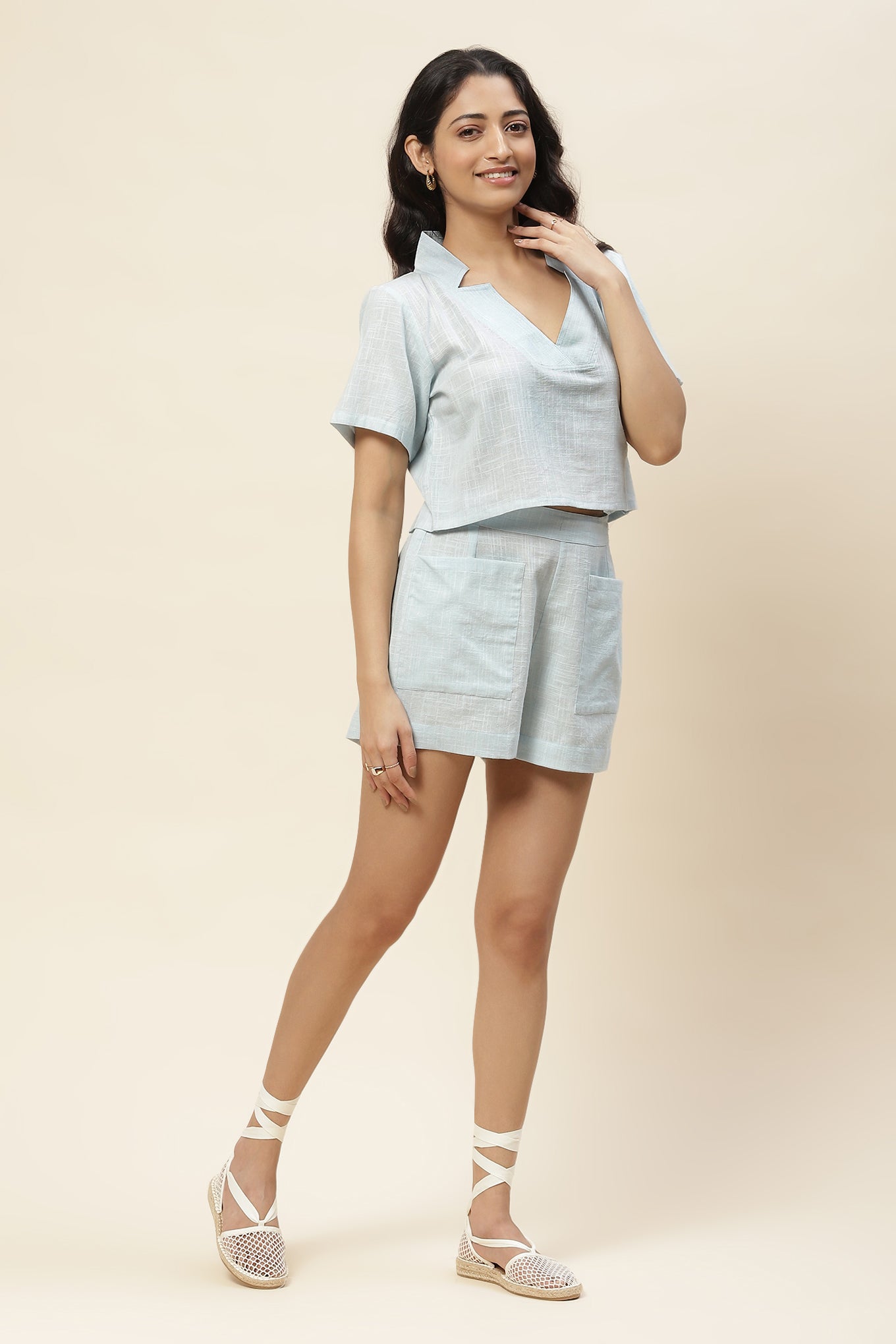 Daisy Ice Blue V Neck Top and Shorts Set