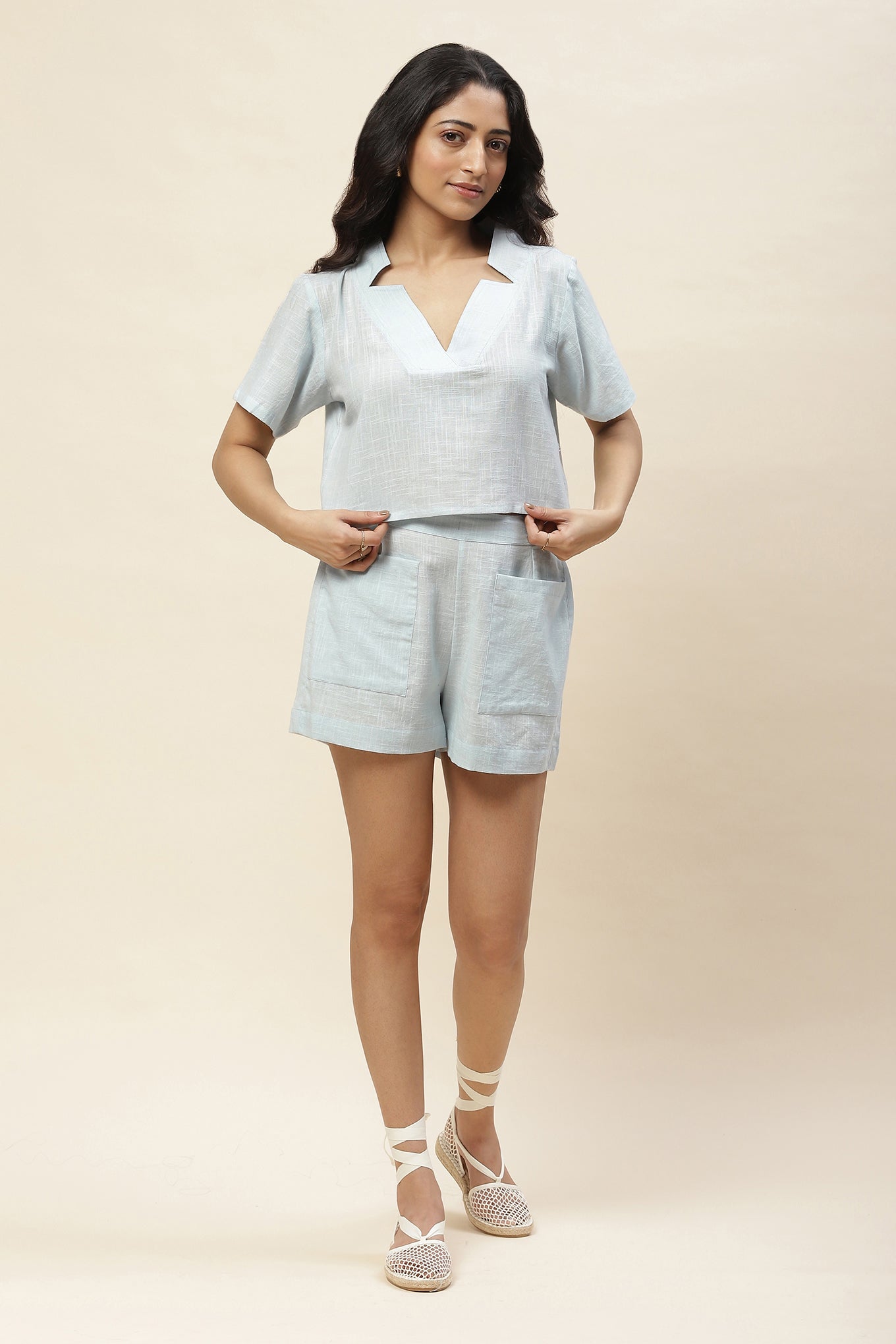Daisy Ice Blue V Neck Top and Shorts Set