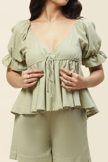 Aster Matcha Green Ruffle Hem Tie Front Top and Shorts Set