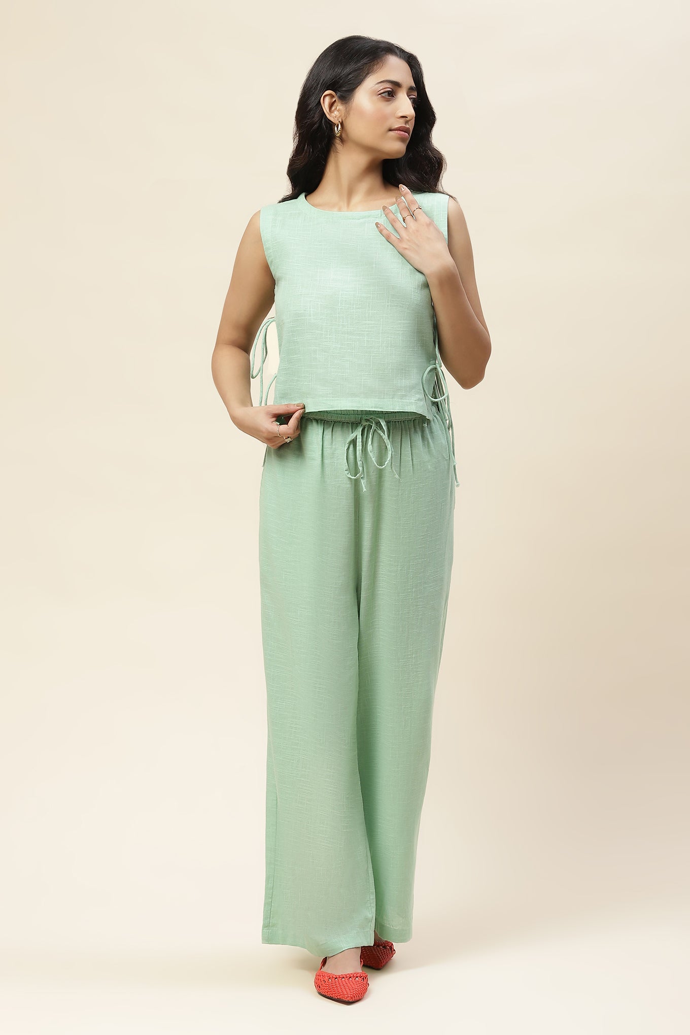 Hana Mint Cream Green Tie-up Top and Pants Set