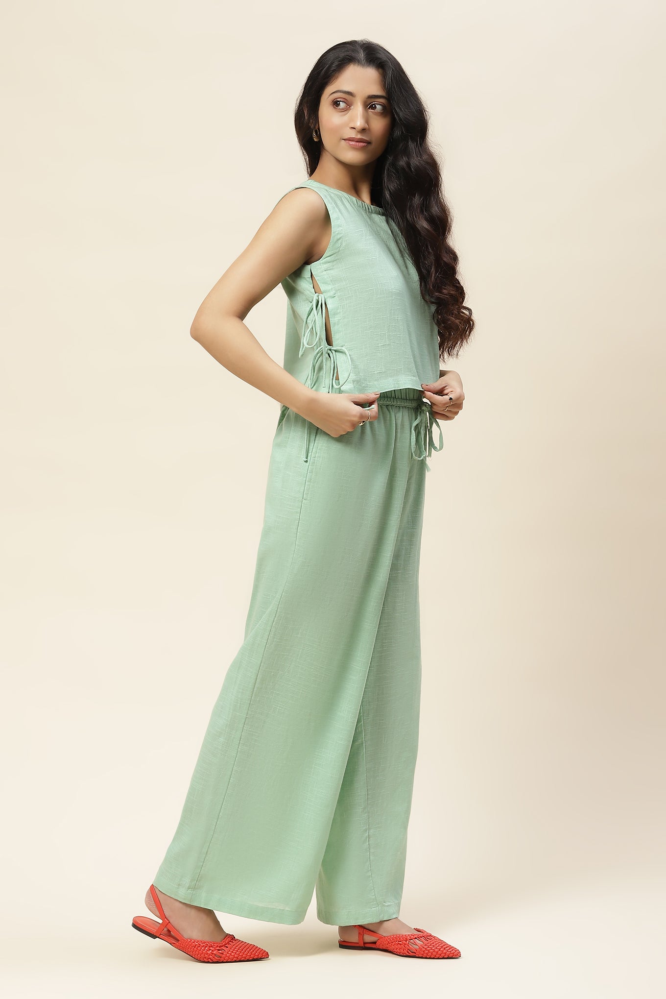 Hana Mint Cream Green Tie-up Top and Pants Set
